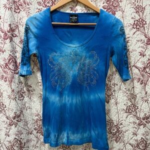 Sledge USA Blue Tie-Dye Rhinestone Graphic Top Women’s Medium